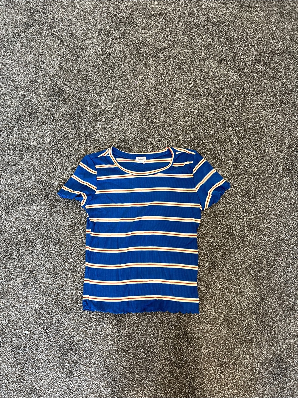 Garage Blue Striped Crop Tee with White and Yellow Lines